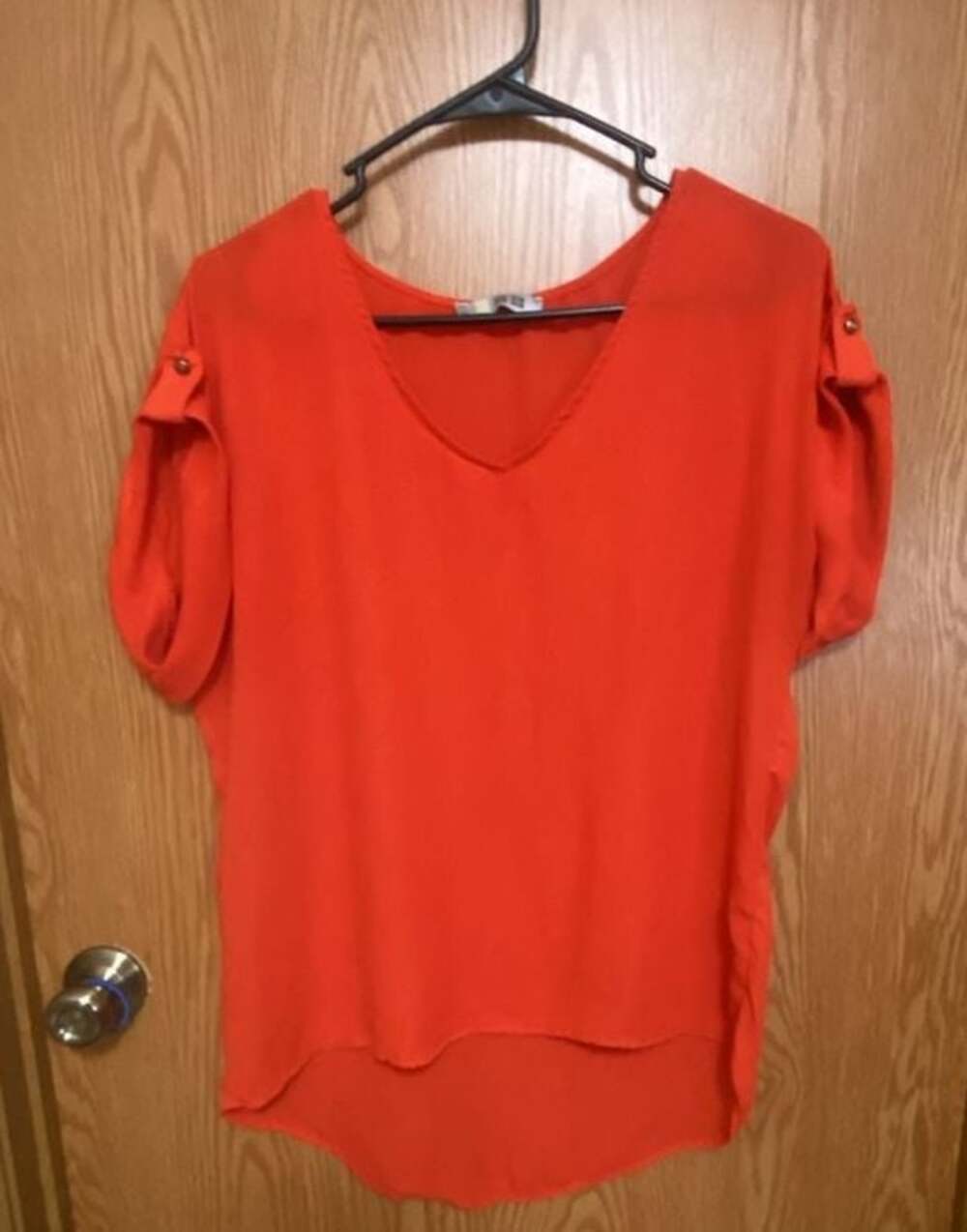 SIS SIS Women's Bright Orange V-Neck Short Sleeve with Button Detail Shoulders